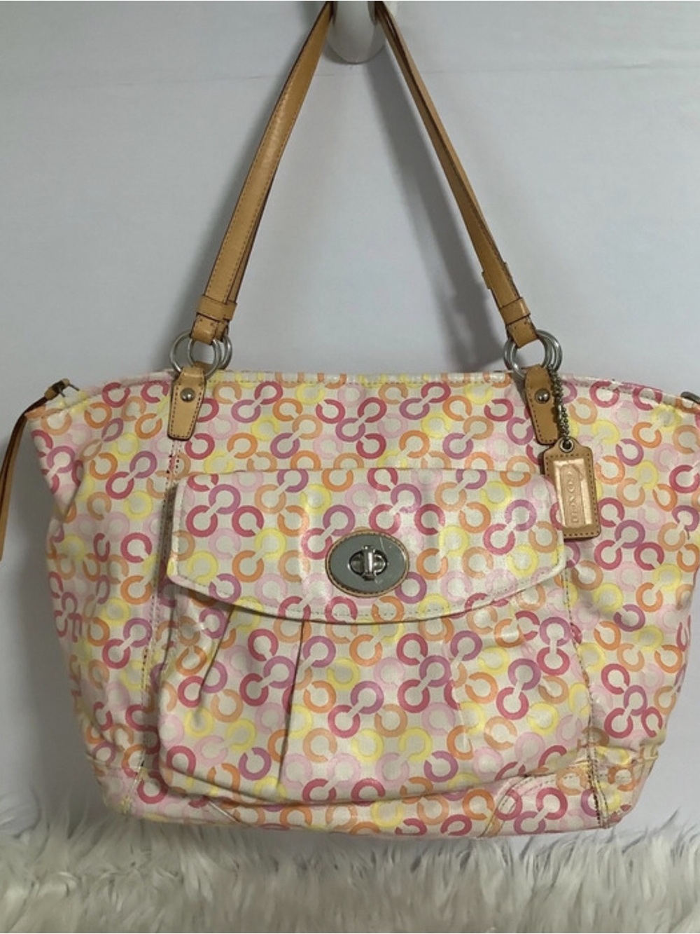 Coach Multicolor Signature Print Tote with Tan Leather Straps